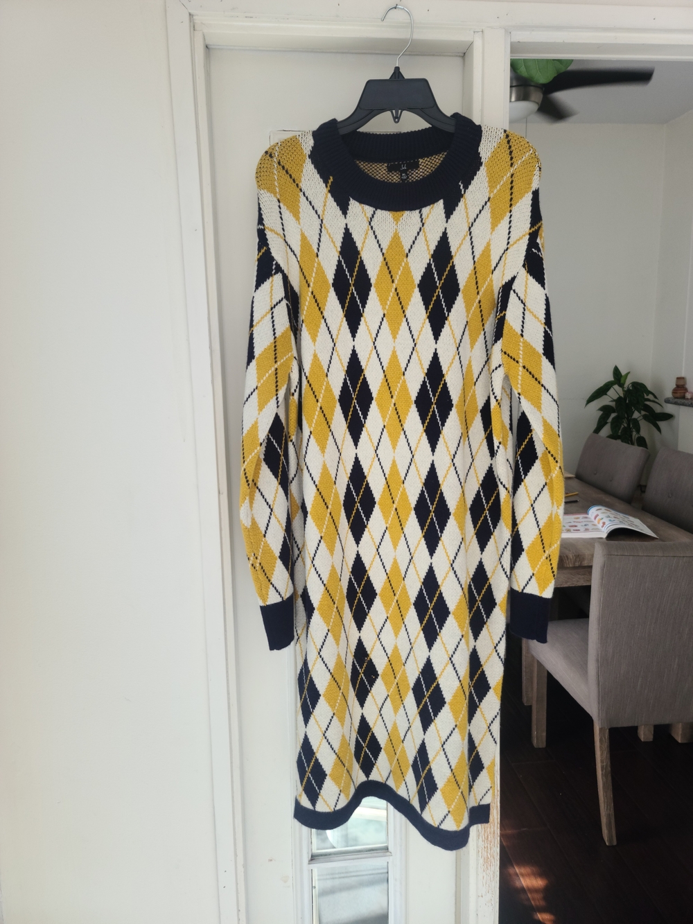 Argyle Knit Long-Sleeve Dress in Yellow, Navy & White